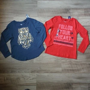  2 Girls Old Navy T-shirts size XS 5 Heather blue Owl & Red Follow Heart  new - Picture 1 of 4