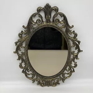 Antique Victorian Oval Mirror Brass Bronze Filigree Wall Hanging Brown Tint 13'' - Picture 1 of 13