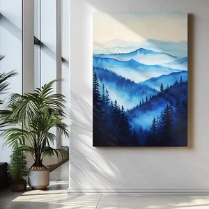 Blue Watercolor Mountain Landscape Canvas Wall Art, Modern Mountain Poster Print - Picture 1 of 10