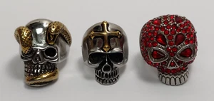 MENS LARGE STAINLESS STEEL SKULL RINGS - SNAKE - CROSS - RED STONES/CRYSTALS - Picture 1 of 17