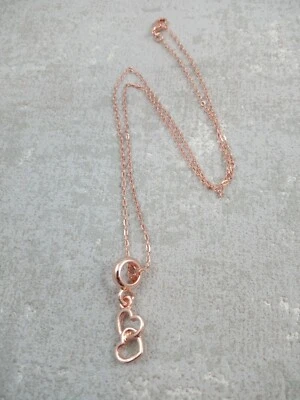 Double Heart Necklace Rose Gold charm on Dainty Chain Cute Pretty Love Hearts - Image 1 of 2