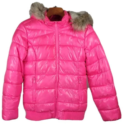 Justice Girls Grande 12/14 Invierno Puffer Chaqueta Sherpa Forrada Piel Capucha Rosa Caliente Foto 1 de 4