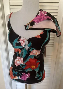 NWT! Nanette Lepore Azalea Black Floral Tankini Swimsuit Sz 10 - Picture 1 of 10