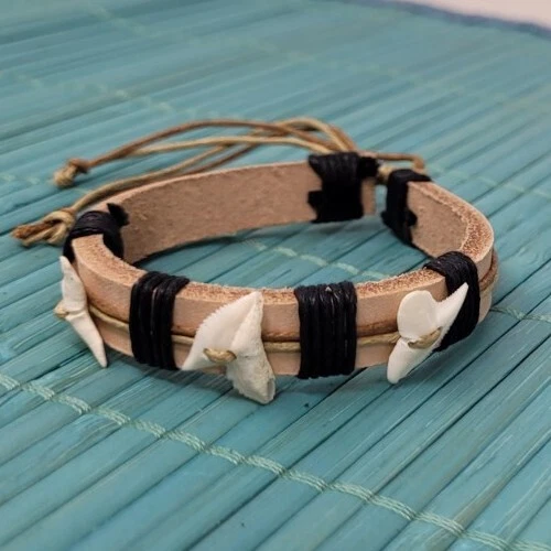 Fossil Shark Tooth Bracelet Surfer Bracelet Shark Teeth Bracelet Cuff Leather - Image 1 of 4