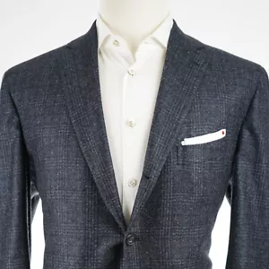 NEW $9,000 Kiton Custom Dark Steel Blue Plaid 100% Cashmere Men's Blazer US 46S - Picture 1 of 15