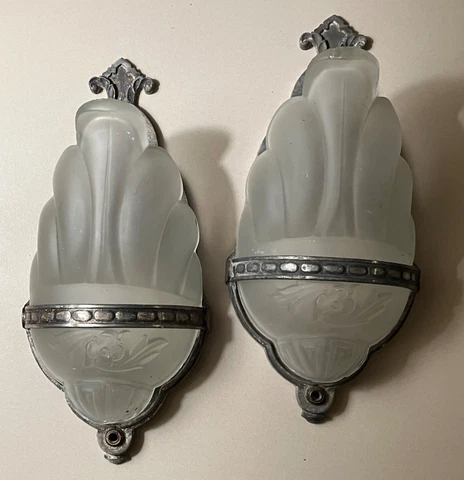 Antique Pair Art Deco Slip Shade Wall Sconce Glass & cast Aluminum Cover