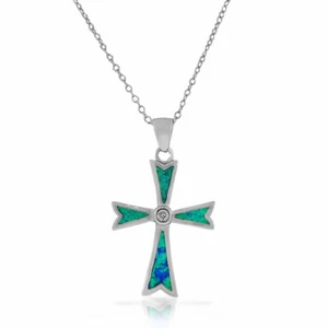 Sterling Silver Cross Blue Turquoise-Tone Simulated Opal CZ Pendant Necklace - Picture 1 of 4