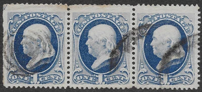 Filatelia MMK: estampillas de Estados Unidos Scott #182 usadas XF 1c Franklin tira de 3 Foto 1 de 2