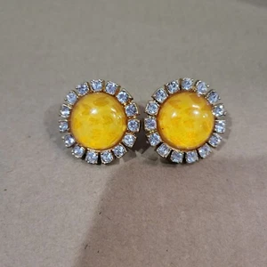 Vtg Betsey Johnson Rhinestone Earrings Hearts Bling Clip Runway Round 1980s Rare - Picture 1 of 5