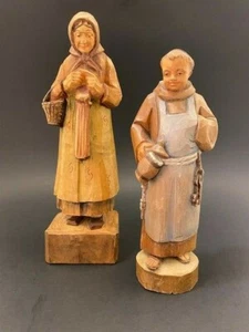 Rothenburg Carved Wood Woman Knitting & Carved (unmarked) Friar w/ Stein Painted - Picture 1 of 12