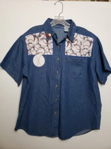 VTG Baseball Denim Blouse L V-neck Button Up Shirt Unique FUN Blouse Pocket - Picture 1 of 9