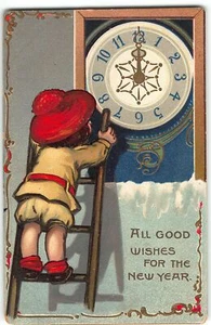 Tuck Neujahr Postkarten Serie #745 - Kind klettert Leiter zur Uhr um Mitternacht - Bild 1 von 2