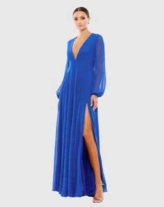 Mac Duggal Blue V-Neck Illusion Long Sleeve Chiffon Gown 55682 - Picture 1 of 9