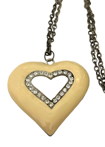 OFF WHITE Collana Moda Ciondolo CUORE Smalto bianco sporco strass trasparenti