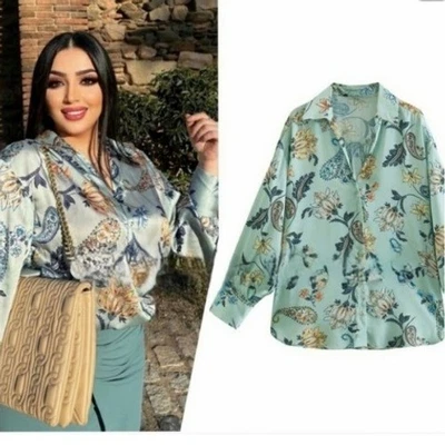 ZARA Women's Mint Green Paisley Floral Print Button Down Long Sleeve Medium - Image 1 of 4