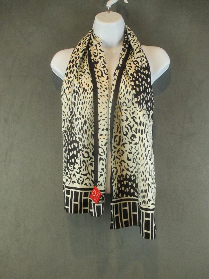 Oscar De La Renta 围巾女式黑色奶油色丝绸豹纹长边框 — 第 1/4 张图片