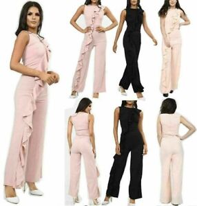 Ladies Ruffle Frill Slinky Wide Leg Back Zip Fitted Party Jumpsuit Size 8-14