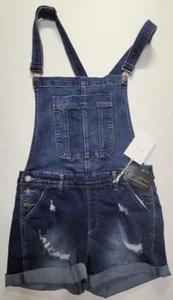 NWT Womens KanCan Kristy Overalls Shorts Sz L Distressed Med/Dark Wash Stretch - Picture 1 of 11