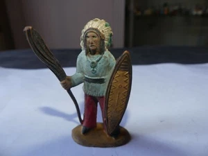FIGURINE INDIEN CHEF BLEU ET ROUGE BOUCLIER OVALE LANCE - Imagen 1 de 2
