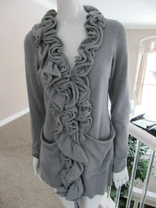 Etcetera Gray Cotton Cashmere Ruffled 2 Pockets Cardigan Sweater Small NWOT $198 - Picture 1 of 10