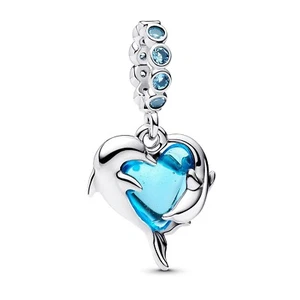 PANDORA Jewelry Silver Charm Pendant Blue Murano Glass Dolphins 793924C01 - Picture 1 of 4