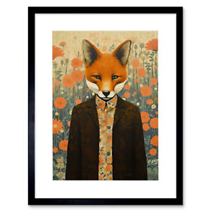 Portrait of Dressed Fox in Suit Shirt Floral Background Framed Wall Art 12X16