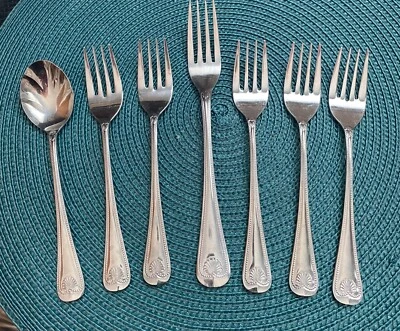 6 FORKS & sugar spoon by  TOWLE SUPREME CUTLERY JAPAN STAINLESS ~ ABBEY SHELL - Image 1 of 4
