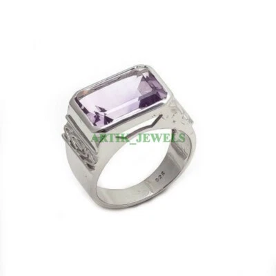 Natural Amethyst Gemstone with 14K White Gold Plated Silver Ring for Men's #08 - Image 1 of 4