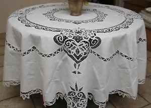 Vintage Battenburg Lace Tablecloth 70" Round 84" Round White Ecru Home Decor - Picture 1 of 9