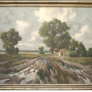 Huber A. - Landschaft mit Bauernhaus Süddeutschland bei Dachau ?  - Bild 1 von 7