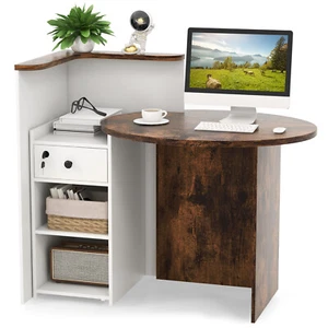 Front Reception Counter Desk Checkout Office Desk w/Open Shelf & Lockable Drawer - Picture 1 of 11