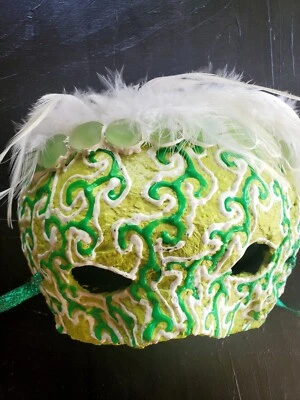 White Feathers Mask with Green Stones - Handmade -One Of A Kind - Image 1 of 4