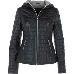 Women's Black Sheepskin Leather Jacket with Hood / Fashionable Winter Jacket / - Picture 1 of 5