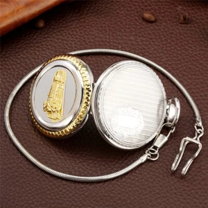 Two Tone Locomotive Railway Train Pocket Watch Roman Numerals with Snake Chain - Picture 1 of 9