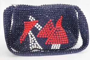 Vtg 1960-70s ROGER VAN S Shoulder Purse Handbag Beaded Red Blue Mushrooms - Picture 1 of 20