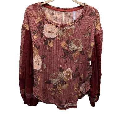 Free People Flower Patch Waffle Knit Top Small Red Oversized Boxy Boho - Image 1 of 4