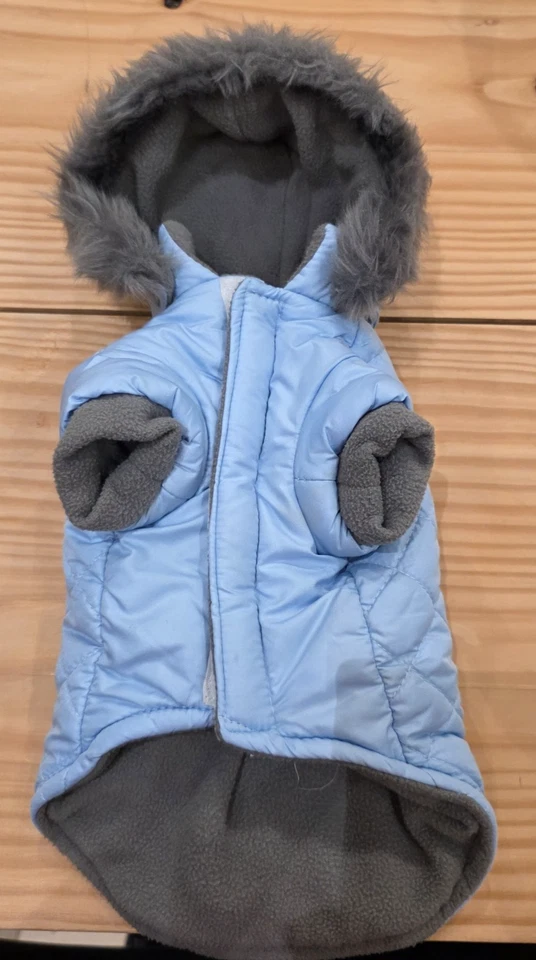 Abrigo chaqueta azul para perro mullido capucha de piel de fax - talla XS Foto 1 de 4