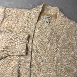 LL Bean Open Front Cardigan Sweater L Cream Tan Knit Pockets Cotton 503637 - Picture 1 of 8