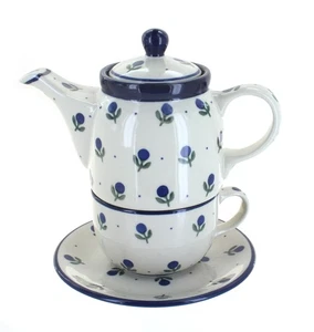Té de arándanos de cerámica polaca rosa azul para uno - Imagen 1 de 2