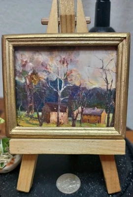 Artisan Signed Vintage Dollhouse Painting Landscape Small Cabins Flowering Trees - Image 1 of 3