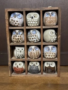 12 Owl Figurines Hand Painted Mini Ceramic 1 3/8" w/Shadow Box VTG - Picture 1 of 12