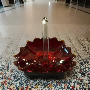 Viking Amberina Glass Double Layered Candy Bowl Clear Applied Handle 7.5" - Picture 1 of 4