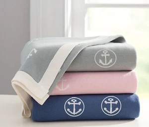 ALEK & LUKA Gorgeous 100% Luxe Cotton BABY BLANKET Blue Boat Anchor 100x 80cm - Picture 1 of 7
