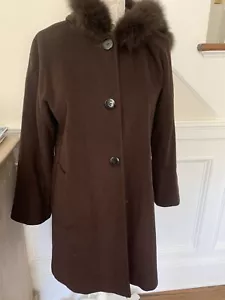 NWT Ellen Tracy Women's Genuine Fox Fur Collar Wool Blend Coat sz 6 Brown - Picture 1 of 11
