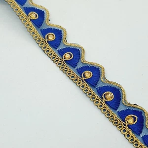 2.5cm Dark Blue gold Wave edge BRAID embroidered Crystal ribbon trimming - Picture 1 of 1