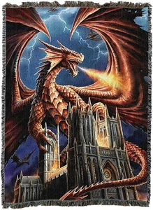 72x54 DRAGON FURY Flames Castle Mythical Fantasy Tapestry Afghan Throw Blanket - Picture 1 of 1