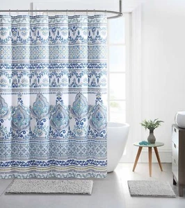 White Fabric Shower Curtain Blue Gold & Gray Moroccan Design w/ 12 pc. hook set - Picture 1 of 3