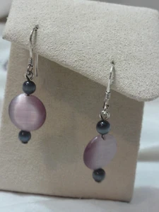 Purple & Black Fiber Optic Glass Bead ~ 925 Sterling Silver Fish Hook Earrings - Picture 1 of 4