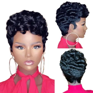 Short Curly Bob Pixie Cut Full Machine Made No Lace Human Hair Wigs With Bang - Picture 1 of 7