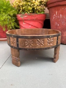 Vintage 14 x 14” Wood Hand Carved Iron Work Chakki Table Coffee Serving Table - Picture 1 of 12